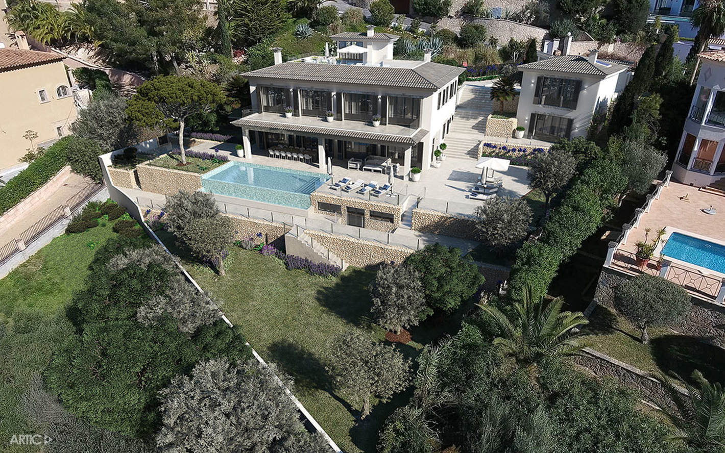 Vista aérea e integración 3d de una vivienda en Andratx, Mallorca