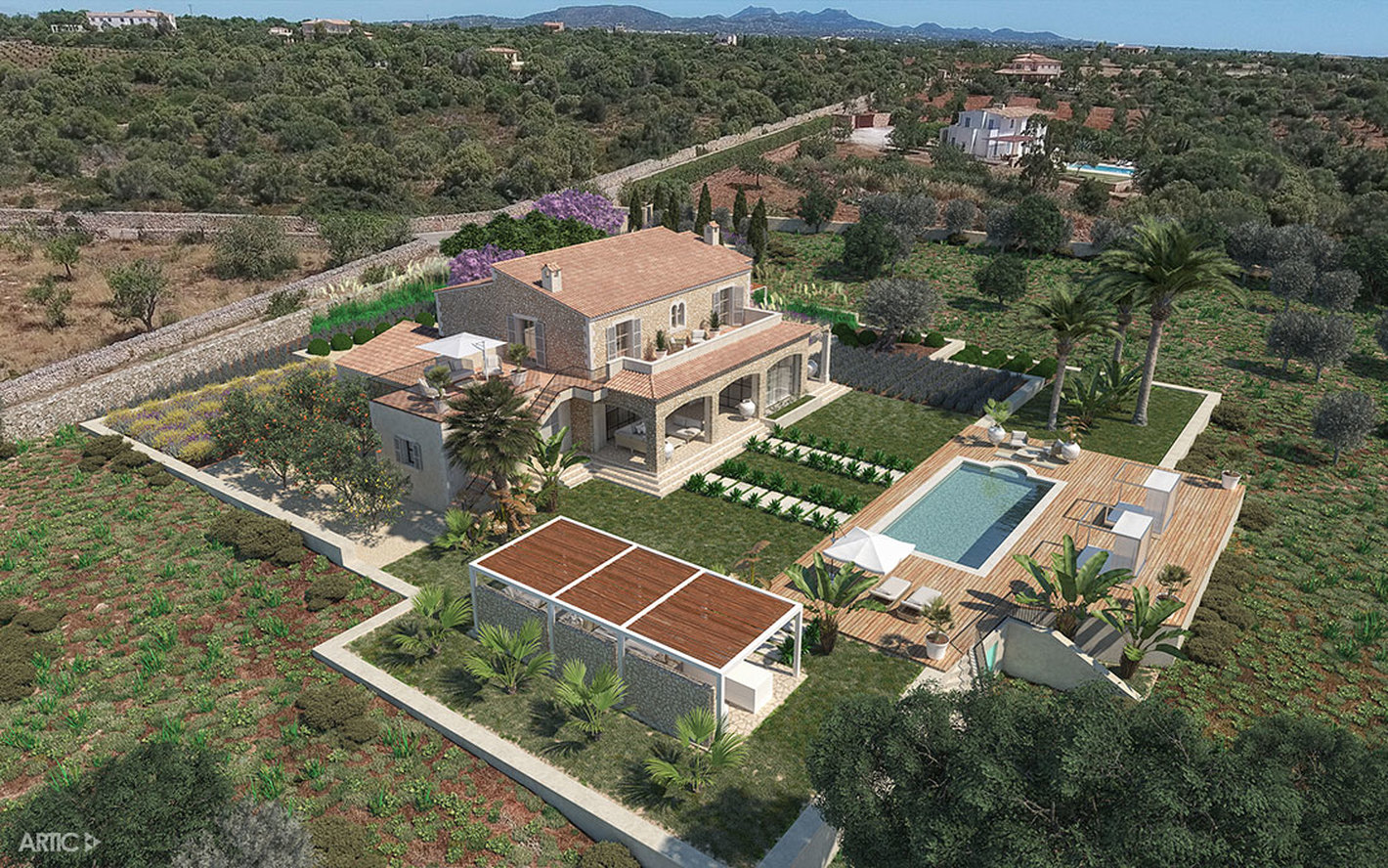 Vista aérea e integración 3d de una vivienda rústica en Mallorca